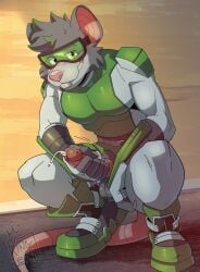 absurd_res amprat anthro bodily_fluids boots buckteeth clothed clothed_male clothing cum cumshot ejaculation eyewear footwear fully_clothed genital_fluids genitals glans gloves goggles green_eyes grey_hair hair hairless_tail handwear hi_res humanoid_genitalia humanoid_penis k1ngl30n looking_at_viewer male mammal masturbation murid murine penile penile_masturbation penis penis_grab rat rodent shoes smile solo superhero_costume teeth