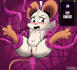 anthro anus armpit_fetish armpit_tuft bodily_fluids disgust disgusted_face fangs feet female flat_chested fur genitals hi_res mammal mina_(mina_the_hollower) mina_the_hollower mouse murid murine paws rodent slime solo sweat tail teeth teknomekanoid tentacles tuft vulva white_body white_eyes white_fur yacht_club_games