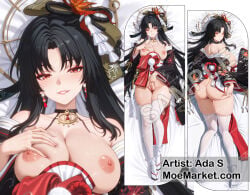 ai_generated ass bangs black_hair blush breasts choker dakimakura dakimakura_design female hotori_(neverness_to_everness) japanese_clothes kimono large_breasts legwear long_hair looking_at_viewer looking_back moemarket neverness_to_everness nipples pussy red_eyes thighs white_thighhighs