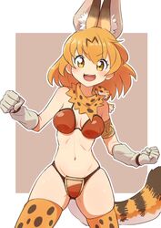 adapted_costume animal_ears animal_print armor bare_shoulders bikini_armor commentary cropped_legs doodle eyebrows_visible_through_hair female gloves hair_between_eyes kamuraaa_615 kemono_friends midriff navel orange_eyes orange_hair serval_(kemono_friends) serval_ears short_hair smile solo tail