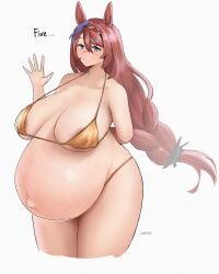 areola_slip big_breasts bikini blue_eyes blush braid braided_hair female female_only gold_bikini golden_bikini hair_ribbon horse_ears horse_girl huge_breasts looking_at_viewer micro_bikini outie_navel pregnant ready_to_pop sagging_breasts single_braid solo super_creek_(umamusume) thick_thighs umamusume umamusume_pretty_derby veiny_belly veiny_breasts very_long_hair wide_hips