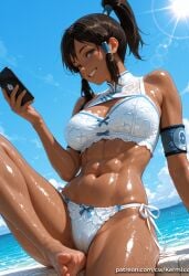 ai_generated korra the_legend_of_korra kermixx 1girl solo breasts looking_at_viewer smile blue_eyes brown_hair black_hair bow navel holding cleavage bare_shoulders sitting swimsuit ponytail sidelocks bikini outdoors sky barefoot day shiny cloud dark_skin water grin feet dark-skinned_female blue_sky wet shiny_skin toes side-tie_bikini_bottom ocean white_bikini beach hair_tubes phone abs cellphone armband smartphone lens_flare holding_phone toned patreon_username sun