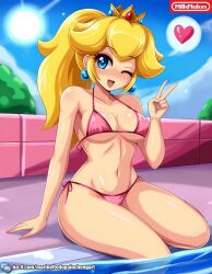 1girls ai_generated big_breasts bikini blonde_hair blue_eyes breasts busty cute female female_only hi_res large_breasts legs long_hair looking_at_viewer marinettedupaincheng mario_(series) navel nintendo pink_lipstick pool pose posing princess_peach sexy sitting solo spoken_heart suggestive thighs toned v voluptuous water wink