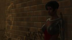 3d 3dcg absurd_res bare_shoulders beautiful_woman black_hair_female cleavage content_smile dark-skinned_female deus_ex deus_ex:_human_revolution edited_screencap eidos game_cg highres huge_breasts jenny_alexander leaning_against_wall mature_woman nic77 policewoman prostitution short_hair_female source_request unbothered undercover undercover_policewoman