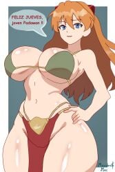 1girls asuka asuka_langley_sohryu big_breasts bikini blue_eyes blush breasts busty crossover crossover_cosplay curvy dialogue erect_nipples feliz_jueves female female_focus femsub from_below gigantic_breasts gold_jewelry hourglass_figure huge_breasts human human_only jewelry large_breasts legs macabromac mammal naked navel neon_genesis_evangelion nipples orange_hair princess_leia_organa pussy red_hair size_difference slave_girl slave_leia_(cosplay) small_dom_big_sub smaller_male speech_bubble star_wars straight straight_sex teenager text thick_legs thick_thighs voluptuous