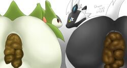 anus anus_focus balls black_body blue_eyes butt butt_focus drain_scat duo equid equine feces feces_in_ass feral generation_5_pokemon genitals green_body hi_res legendary_pokemon looking_back male mammal multicolored_body nintendo pokemon pokemon_(species) pooping pooping_together puffy_anus rear_view red_eyes scat simple_background two_tone_body virizion white_background white_body zebstrika