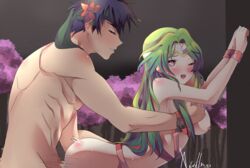 1boy 1boy1girl 1girls aibee_honey ass ass_grab big_breasts blue_hair blush breast_grab breasts closed_eyes elincia_ridell_crimea fire_emblem fire_emblem:_path_of_radiance fire_emblem:_radiant_dawn flower flower_in_hair from_behind green_hair hand_on_ass hand_on_butt hand_on_hip hand_on_waist heart heart-shaped_pupils ike_(fire_emblem) nude one_eye_closed open_mouth penis pink_eyes pink_nipples sex straight vaginal vaginal_penetration vaginal_sex wink wrappings