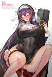 artist_name bangs blush bralines breasts character_name closed_eyes female habit hair_between_eyes heart highres large_breasts last_origin long_hair nun open_mouth papupu purple_hair see-through shirt solo veronica_type-asc vibrator wet wet_clothes wet_shirt