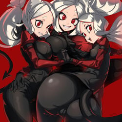 3girls ass big_ass big_breasts cameltoe cerberus_(helltaker) demon demon_girl demon_tail deto eye_contact eyelashes helltaker huge_ass huge_breasts large_ass long_hair looking_at_viewer pale-skinned_female pale_skin red_eyes smile thick_ass thick_thighs tight_clothing tight_pants white_hair