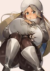 ass blonde_hair blue_eyes boots breast_grab breasts chubby eye_contact female female_only gloves hand_on_breast huge_breasts human large_breasts long_hair looking_at_viewer luco_san melony_(pokemon) milf mother nintendo pokemon pokemon_ss pose sitting solo source_request squeezing_breast thick_thighs white_background wide_hips