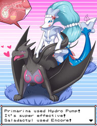 1boy 1girls absurd_res aerodactyl alternate_color anthro anthrofied bladder blush bodily_fluids breasts coolryong cum cum_in_uterus dragon encore_(pokémon_move) english_text erection female furry fusion gameplay_mechanics genital_fluids girly hair heart hetero hi_res hud hybrid hydro_pump_(pokémon_move) internal interspecies male male/female male_penetrating mammal nintendo nude open_mouth original_character penetration penis pinniped pokémon_(species) pokemon pokemon_(species) pokemon_battle pokemon_move pokemon_rgby pokemon_sm primarina pussy reptile salazzle salazzle_hybrid scalie sex smile straight text tongue urine_in_bladder vagina vaginal_penetration video_games wings x-ray