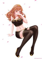 alternate_costume black_clothing black_shorts blush blushing celica_(fire_emblem) chungmechanic collarbone crop_top exposed_midriff female fire_emblem fire_emblem_echoes:_shadows_of_valentia fire_emblem_gaiden gold_heels gold_trim high_heels innocent midriff midriff_baring_shirt petals red_hair short_shorts shorts thighhighs under_clothes