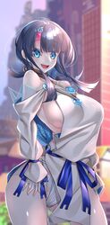 alternate_breast_size big_breasts blue_eyes choker cleavage curvy dark_hair erice_utsumi_(fate) fate/requiem fate_(series) hair_ornament looking_at_viewer open_mouth pink_hair robe sideboob smile streaked_hair utsumi_erice watosu_(watosu_mama)