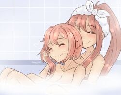 2girls adorable bath bathing bathing_together blush brown_hair closed_eyes cuddling doki_doki_literature_club duo female female/female female_only happy happy_female heart light_blush long_hair minzzway monika_(doki_doki_literature_club) naked nonsexual nonsexual_nudity nude orange_hair romantic sayori_(doki_doki_literature_club) smile smiling spooning wholesome wholesome_nudity