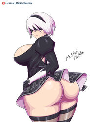 android big_ass big_breasts blindfold female female_only mrstudmuffin nier nier:_automata short_hair skirt solo solo_focus thick_thighs white_background white_hair yorha_2b