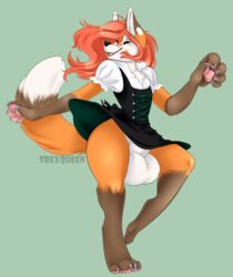 animal_genitalia anthro balls big_balls big_feet canid canine clothed clothing crossdressing dancing dress feet fox genitals hair hi_res huge_balls hyper hyper_balls hyper_genitalia male male_only mammal red_fox red_hair scar sheath solo t-rexqueen trexqueen wardrobe_malfunction wide_hips