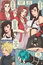 1boy 2girls ? aerith_gainsborough arguing ass black_hair blonde_hair blue_eyes blush breasts brown_eyes brown_hair clothed cloud_strife comic competition confused crop_top cytoscourge dialogue dress female female_focus fighting_over_boy final_fantasy final_fantasy_vii final_fantasy_vii_remake gloves green_eyes highres large_breasts long_hair looking_at_viewer male materia midriff multiple_girls open_mouth red_eyes ribbon rivalry skirt smile speech_bubble sports_bra suspenders sweatdrop talking tank_top text tifa_lockhart touching vambraces