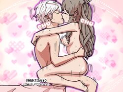 1boy 1girls ass bed_sheet big_breasts breasts brown_hair closed_eyes completely_nude female fire_emblem fire_emblem_awakening hetero hug kiss kissing large_breasts long_hair male mnejing motion_lines nintendo nude nude_female nude_male robin_(fire_emblem) robin_(fire_emblem)_(male) sex sitting sound_effects straight sumia_(fire_emblem) sweat white_hair wholesome