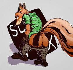 2018 anthro ass backsack balls borotamago canid canine clothed clothing disney ears_back fox fur genitals hi_res inner_ear_fluff light lighting male male_only mammal nick_wilde orange_body orange_fur pants_down partially_clothed pivoted_ears red_fox smile solo tuft zootopia