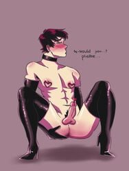 ass black_hair blush collar elbow_gloves english_text erection gay gloves high_heels humiliation leather legwear looking_at_viewer male male_only male_prostitute male_urethral_insertion nipple_piercing piercing prostitution spread_legs submissive text uncensored urethral_insertion yaoi