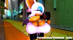 1girls 3d 3d_model animated anthro background bat_wings big_breasts black_gloves breasts cleavage clothed female flexing flexing_arms gloves green_eyes jiggle jiggling lipstick looking_at_viewer mobian mobian_(species) mobian_bat orange_skin pink_topwear rouge_the_bat sega sonic_(series) sonic_adventure_2 sonic_the_hedgehog_(series) white_fur wings wink