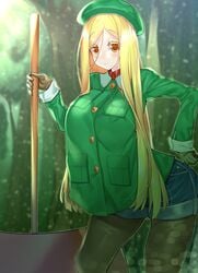 aged_up alternate_breast_size amber_eyes axe big_breasts blonde_hair fate/grand_order fate_(series) forest hat long_hair looking_at_viewer lumberjack paul_bunyan_(fate/grand_order) red_eyes shorts watosu_(watosu_mama)