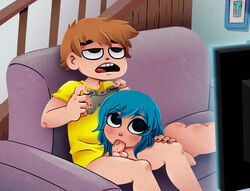 big_eyes blowjob blue_hair bottomless bottomless_male casual_sex controller enf-lover fellatio female lineless male nude nude_female penis ramona_flowers scott_pilgrim scott_w_pilgrim tagme video_games