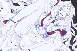 barefoot big_breasts blue_eyes demon_girl demon_slayer face_markings facial_markings female hi_res japanese_clothes jewelry kimetsu_no_yaiba kimono laying_back litsvn looking_at_viewer milf mother_spider_demon no_panties obi open_mouth pale_skin spread_legs thick_eyebrows very_long_hair white_hair white_skin