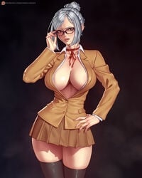 1girls big_breasts breasts cleavage female female_only glasses hand_on_hip large_breasts looking_at_viewer prison_school shiraki_meiko skirt solo thighhighs xxnikichenxx