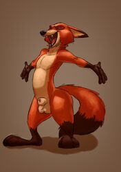 2018 absurd_res animal_genitalia anthro balls borotamago brown_body brown_fur canid canine disney fangs fox fur genitals gloves_(marking) hi_res leg_markings male male_only mammal markings nick_wilde nude open_mouth orange_body orange_fur red_fox sheath socks_(marking) solo standing stretching yawn zootopia