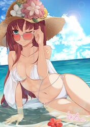 ;) adjusting_eyewear adjusting_glasses armpits azur_lane bangs bare_shoulders bikini blue_sky breasts chanel cleavage cloud collarbone commentary_request cowboy_shot day eyebrows_visible_through_hair female flower flower_on_liquid food_in_mouth green_eyes groin hair_between_eyes hair_ornament hat hat_flower hibiscus highres large_breasts lens_flare long_hair looking_at_viewer looking_over_eyewear looking_over_glasses midriff multi-strapped_bikini navel ocean one_eye_closed orange-tinted_eyewear orange-tinted_glasses partially_submerged red_hair shadow shaketarako sheer_clothes sidelocks signature sitting skindentation sky smile solo straw_hat sun_hat sunglasses surcouf_(azur_lane) surcouf_(loisirs_balneaires)_(azur_lane) swimsuit tinted_eyewear very_long_hair white_bikini yokozuwari