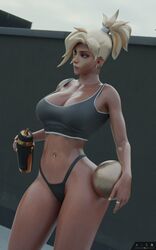 1girls 2020 3d abdomen abs ball big_breasts bikini_bottom blender blender_(software) blizzard_entertainment blonde bottle breasts cleavage earring earrings female female_only highleg_panties kisxsfm large_breasts mercy midriff midriff_baring_shirt navel navel_piercing overwatch panties pony_tail ponytail sci-fi science_fiction scifi solo solo_female sports_bra thong wide_hips