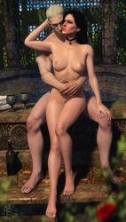 3d after_sex between_thighs bomyman canon_couple cd_projekt_red chalice couple embrace geralt_of_rivia hand_on_belly hand_on_head highres looking_to_the_side love nude nude_female nude_male outdoors pubic_hair romantic scars sitting sitting_on_stairs the_witcher the_witcher_(series) the_witcher_2 the_witcher_3:_wild_hunt wine yennefer