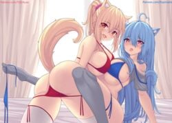 2girls after_kiss blue_hair breasts cat_tail itsumi_(kaptivate) kaptivate large_breasts multiple_girls red_eyes saliva_trail tiffy tiffynyaa yuri