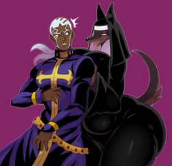 1boy 1girls 2018 absurd_res anthro ass ass_in_dress belt big_ass black_body black_clothing black_fur blue_clothing blush bodily_fluids breast_press breast_squish breasts canid canine clothed clothing confusion cross crossover curvy dark-skinned_male dark_skin doberman domestic_dog drooling duo emanata enrico_pucci eyeliner female figure flirting fully_clothed fur hair highres huge_ass huge_breasts human human_on_anthro interspecies jojo's_bizarre_adventure laverne_(sssonic2) makeup male male_on_anthro mammal mature_female mature_male multicolored nun open_mouth open_smile pinscher ponytail prick_ears priest purple_background saliva seductive simple_background smile squish sssonic2 stone_ocean surprise surprised tail teeth thick_thighs thighs tongue tongue_out two_tone_hair voluptuous white_hair wide_hips yellow_eyes