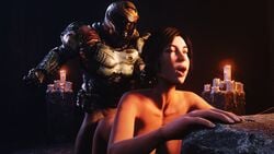 1boy 1girls 3d anal anal_sex areolae armor breasts brown_eyes brown_hair candle cave closed_eyes clothed_male_nude_female crossover doggy_style doom doom_slayer_(doom) duo duo_focus fire from_behind lara_croft lara_croft_(survivor) long_hair moaning nude open_mouth patreon penis ponytail resteel sex text tomb_raider tomb_raider_(survivor) url watermark