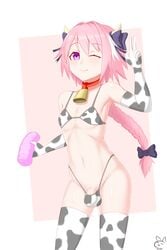 1boy abs androgynous astolfo_(fate) balls balls_in_panties bulge cow_bikini cow_costume cowbell fate/grand_order fate_(series) femboy flat_chest girly gloves long_hair male male_only micro_bikini pale-skinned_male pale_skin penis_bulge pink_hair purple_eyes solo thick_thighs thighhighs thighs trap woof_(artist)