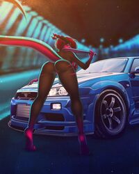 anthro ass baseball_bat bat_(object) bent_over breasts car catherinemeow dragon female genitals hi_res looking_at_viewer looking_back nissan nude outside presenting presenting_hindquarters pussy solo vehicle