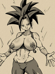 1girls areolae base_form_kefla big_breasts black_eyes black_hair breasts breasts_out dragon_ball dragon_ball_super earrings female female_only fusion huge_breasts kefla light-skinned_female light_skin monochrome nipples ponytail potara_earrings potara_nipple_rings rickert_kai saiyan short_hair solo spiky_hair