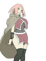 big_ass big_breasts biggies00 black_legwear cloak flat_colors forehead_jewel green_eyes kneehighs naruto naruto:_the_last naruto_(series) parted_lips pink_hair pose sakura_haruno short_hair short_skirt skirt smiling teenager thick_thighs thin_waist white_background wide_hips