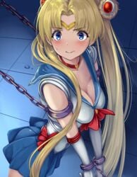 bishoujo_senshi_sailor_moon blonde_hair blue_eyes blue_skirt blush bondage bound bound_wrists breasts breath chains choker circlet cleavage clothing collarbone cowboy_shot crescent crescent_earrings derivative_work double_bun earrings elbow_gloves female gloves hair_over_shoulder heart heart_choker heavy_breathing highres jewelry long_hair looking_at_viewer medium_breasts meme monikano red_choker restrained sailor_moon sailor_moon_redraw_challenge school_uniform screencap_redraw serafuku skirt solo sweat twintails twitching usagi_tsukino very_long_hair