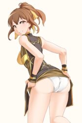 1girls aori_sora ass brown_eyes brown_hair delthea_(fire_emblem) evil_grin female fire_emblem fire_emblem_echoes:_shadows_of_valentia fire_emblem_gaiden legs light-skinned_female light_skin looking_at_viewer looking_over_shoulder mischievous mischievous_look mischievous_smile panties ponytail ribbon simple_background smile solo teeth thighs upskirt white_panties