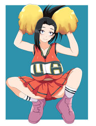 big_breasts black_hair cheerleader cheerleader_uniform female female_only long_hair momo_yaoyorozu my_hero_academia nipples_visible_through_clothing pom_poms ponytail senak012 shounen_jump smile solo solo_female solo_focus u.a._cheerleader_outfit