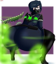 black_hair blaze_(artist) bodysuit face_mask fart fart_cloud fart_fetish farting full_of_gas gas green_eyes green_gas huge_ass looking_back purple_background riot_games squatting valorant viper_(valorant)