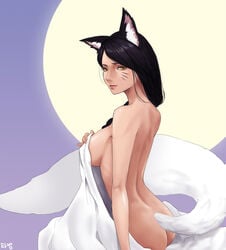 1girls ahri animal_ears arched_back ass back black_hair breasts covering covering_breasts facial_mark female fox_ears league_of_legends long_hair looking_at_viewer nude sideboob sitting smile solo ta-bam tail whisker_markings yellow_eyes