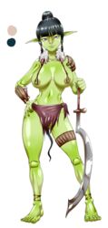 1girls anklet areolae athletic athletic_female barefoot big_breasts black_hair breasts busty erect_nipples female female_focus female_only goblin goblin_female green-skinned_female green_skin hand_on_hip hourglass_figure huge_breasts kaneteru large_breasts loincloth long_hair navel nipples pointy_ears pose posing purple_eyes shoulder_pads skimpy skimpy_armor skimpy_clothes solo standing sword thighlet tied_hair toned toned_female topless unconventional_bra unconventional_clothes warrior wide_hips