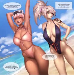 2girls abbb akali alternate_costume aqua_hair ass beach big_ass big_breasts big_penis bikini breasts brown_eyes cum_in_pussy dark-skinned_female dialogue english_text eyewear_on_head fringe hair_bun league_of_legends penis petite pink_hair ponytail pussy qiyana_yunalai riot_games sunglasses_on_head true_damage_akali true_damage_qiyana true_damage_series two_tone_hair water white_hair yellow_eyes