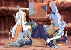 2girls armor barefoot blue_hair breastplate bunny_ears clothing crossover dark-skinned_female dark_skin dude-doodle-do fairy_tail fairy_tail:_dragon_cry feet female female_only fully_clothed greaves green_eyes grin grinding miruko multiple_girls my_hero_academia no_panties poleyn pussy pussy_ejaculation rumi_usagiyama scissoring silver_hair swan swan_(fairy_tail) tan_skin toes tribadism uncensored vagina white_hair yuri