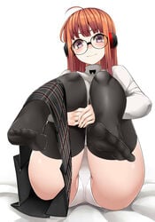 atlus female female_only foot_fetish long_hair nemu_(nebusokugimi) no_shoes orange_hair panties persona persona_5 sakura_futaba skirt skirt_removed solo solo_female solo_focus thighhighs white_panties