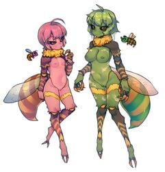 2_toes 2girls 5_fingers ahoge alternate_species animal_humanoid anthro arthropod arthropod_abdomen arthropod_humanoid bee_humanoid big_breasts black_sclera breast_size_difference breasts claws duo eyebrows_visible_through_hair eyelashes female female_only fingers floating genitals gijinka green_body green_eyes green_hair green_nipples green_skin hair hi_res hornet_(terraria) humanoid humanoidized hymenopteran hymenopteran_humanoid insect_humanoid insect_wings insects looking_at_viewer monotone_hair monster_girl moss_hornet_(terraria) multicolored_body multicolored_skin multiple_girls navel neck_tuft nipples nude nyong_nyong pink_body pink_hair pink_nipples pink_skin purple_eyes pussy short_hair simple_background slim small_breasts standing stinger stripes terraria toes tuft white_background wings yellow_stripes